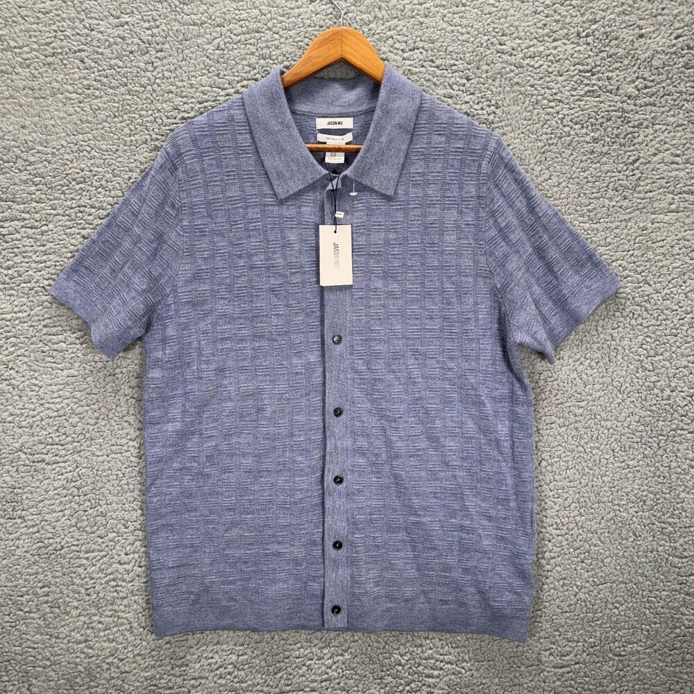 Jason Wu Shirt Mens XL Blue Merino Wool Short Sleeve Knit Button Up Casual